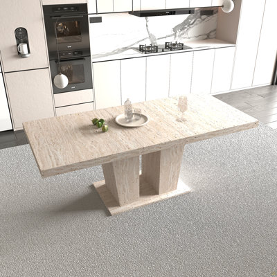 Rectangular Extendable Dining Table, Suitable For 6-10 People, With Veined Travertine Pattern, Dimensions 160-200 Cm, Simple And Elegant.