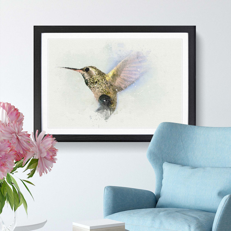 Flying Hummingbird Bird in Abstract - Picture Frame Graphic Art Print, Black, 35cm H x 50cm W x 2cm D