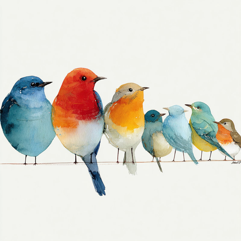 «Colorful Birds on a Wire», aquarelle sur toile, H 16 po x l 24 po