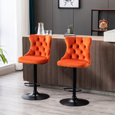 Velours orange de 2, siège réglable en hauteur de 25 à 33 po, dossier, base stable de 17,7 po pour îlot de cuisine pivotant moderne, hauteur, pub à l'arrière confortable et cuisine, 2