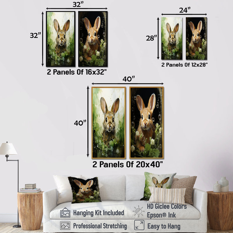 «Bathroom Bunny Bubbles» - ensemble de 2 reproductions d'art sur toile, Toile tendue, H 28 po x l 25 po