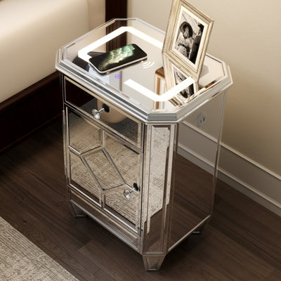 Silver Mirrored Nightstand with Wireless Charging, LED  End Table with Drawer, Modern Side Table with Storage Cabinet
