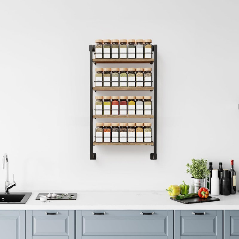 Versatile Wall-Mounted Spice Rack Organizer - 4-Tier Black & Brown Shelves For Easy Access