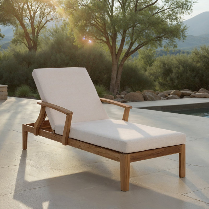 Chaise longue d'extérieur Clairmont, Coussin blanc / structure en bois de teck naturel