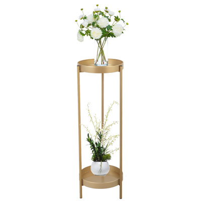 Support à plante pliable moderne à 2 niveaux avec 2 plateaux ronds pour l'intérieur et l'extérieur