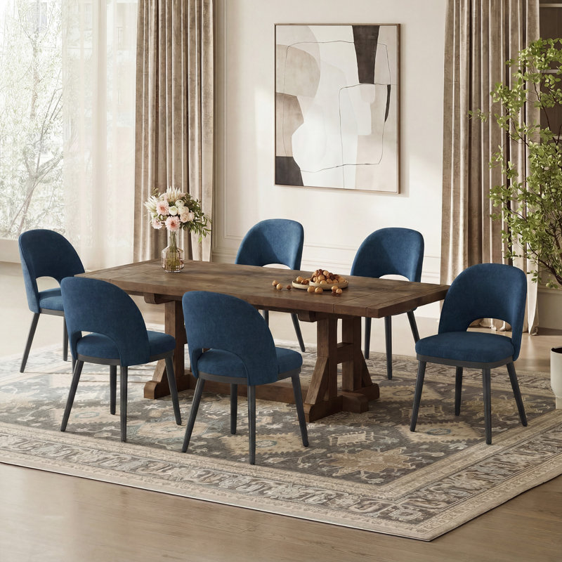 Chaise de salle à manger moderne rembourrée avec pieds en bois, 6, Blue