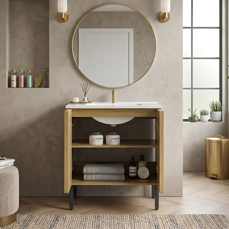 Armoire de salle de bain autoportante 30 po avec évier intégré en céramique