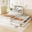 Lit plateforme simple en bois avec lit gigogne et tête de lit à DEL avec tiroirs, blanc