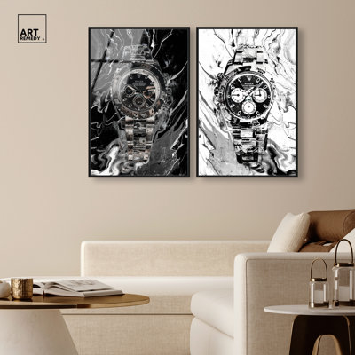 Black and White Stream Watches Framed Acrylic Print Man Cave Art Set by Art Remedy, Black Frame, 36 x 54