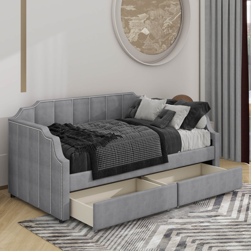 Twin Upholstered Daybed With 2 Drawers, Grey