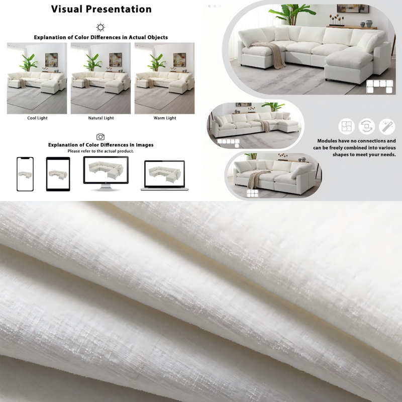 130" Cloud Modular Sofa Bed, 6-Seat U-Shaped Chenille Sectional with Ottoman, Free Combination Living Room Sleeper