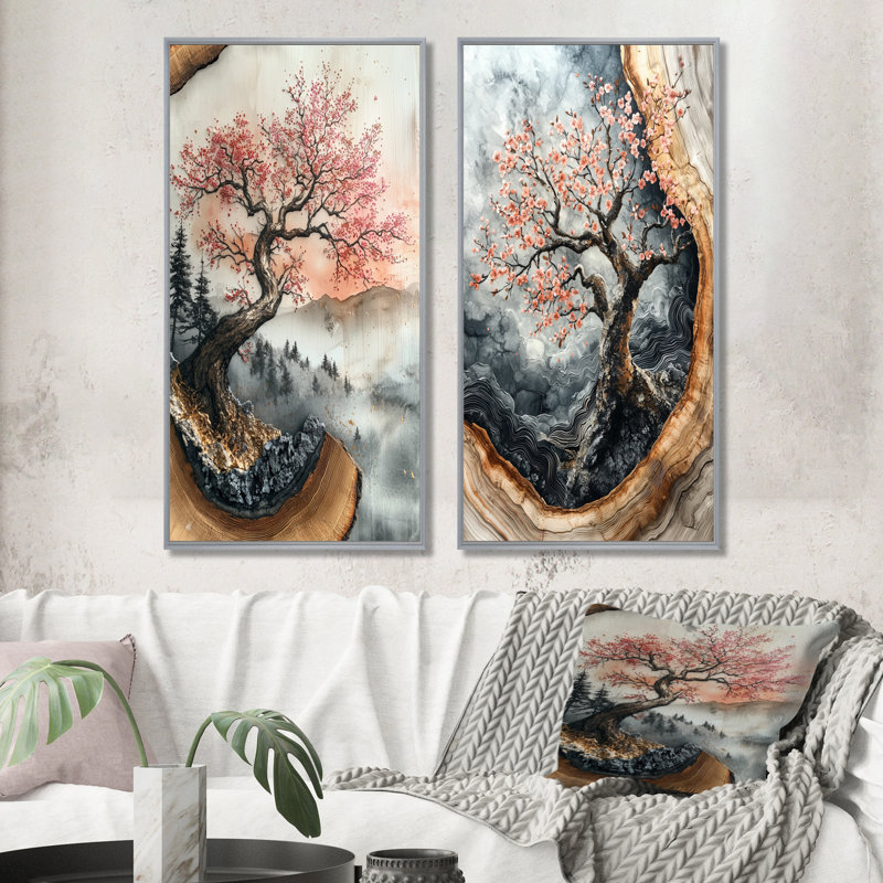 Cerisier en fleurs Serenity Beneath The Blossoms I - Collection d'art floral sur toile 2 pièces, Encadrement argenté