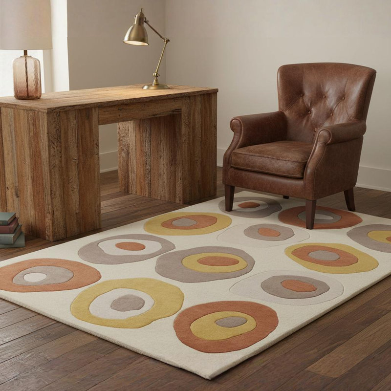 Tapis à motif géométrique en laine beige, orange, jaune et gris Billerica