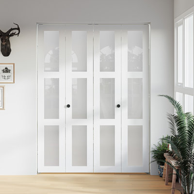3-Lite 78" Frosted Glass Double Bi-Fold Doors for 80" Door Opening Height with Installation Hardware Kit