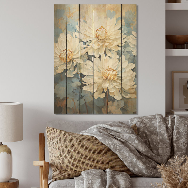Floraison de mamans blanches sur fond bleu - Art sur bois de pin naturel, H 32 po x l 24 po