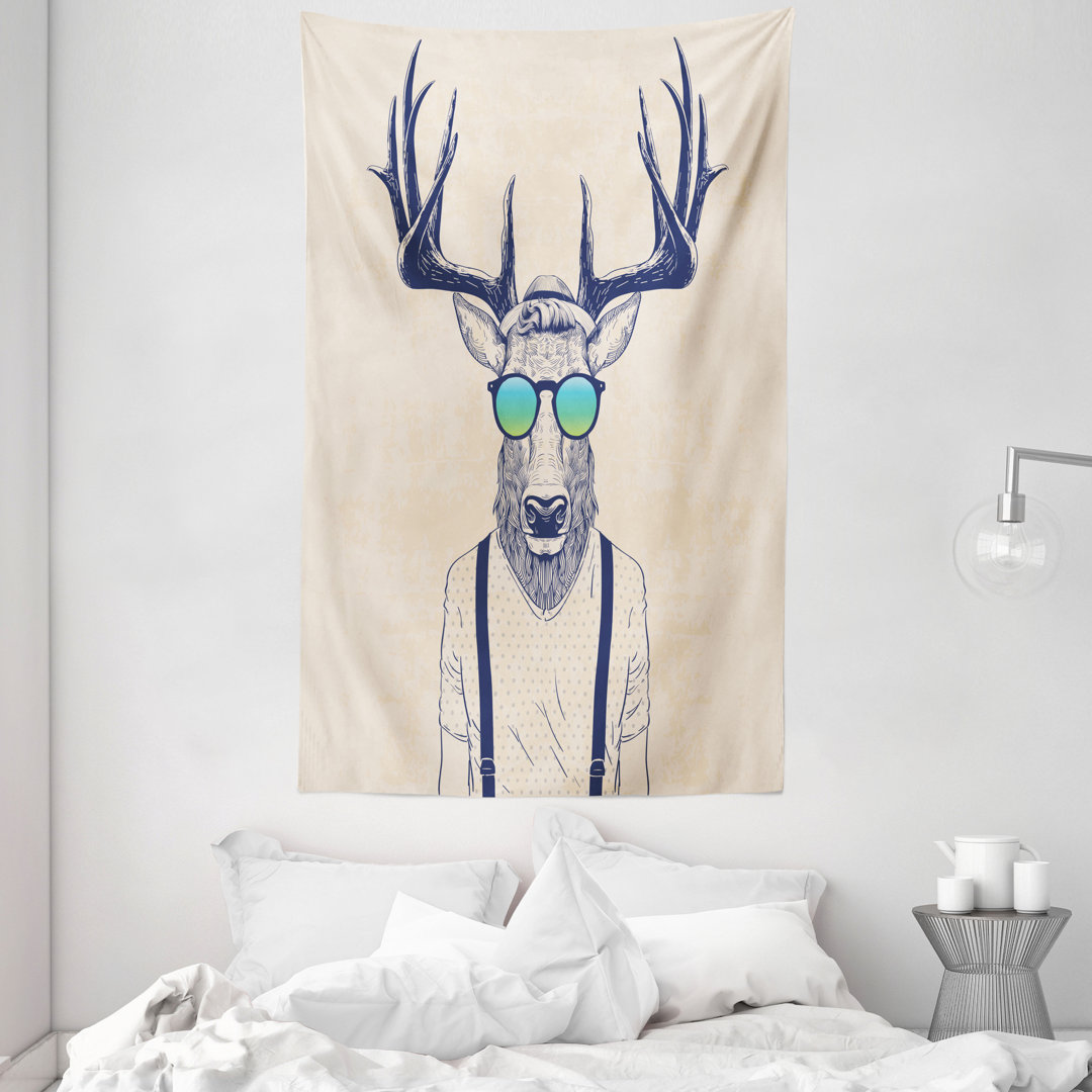 Tapisserie, Hipster Cool Fun Animal, Beige Dunkelblau