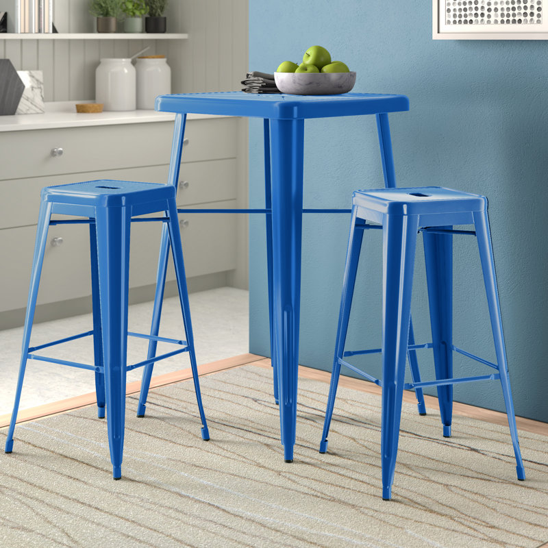 Gyeong 23.75'' Square Metal Indoor-Outdoor Bar Table Set with 2 Square Seat Stools, Blue