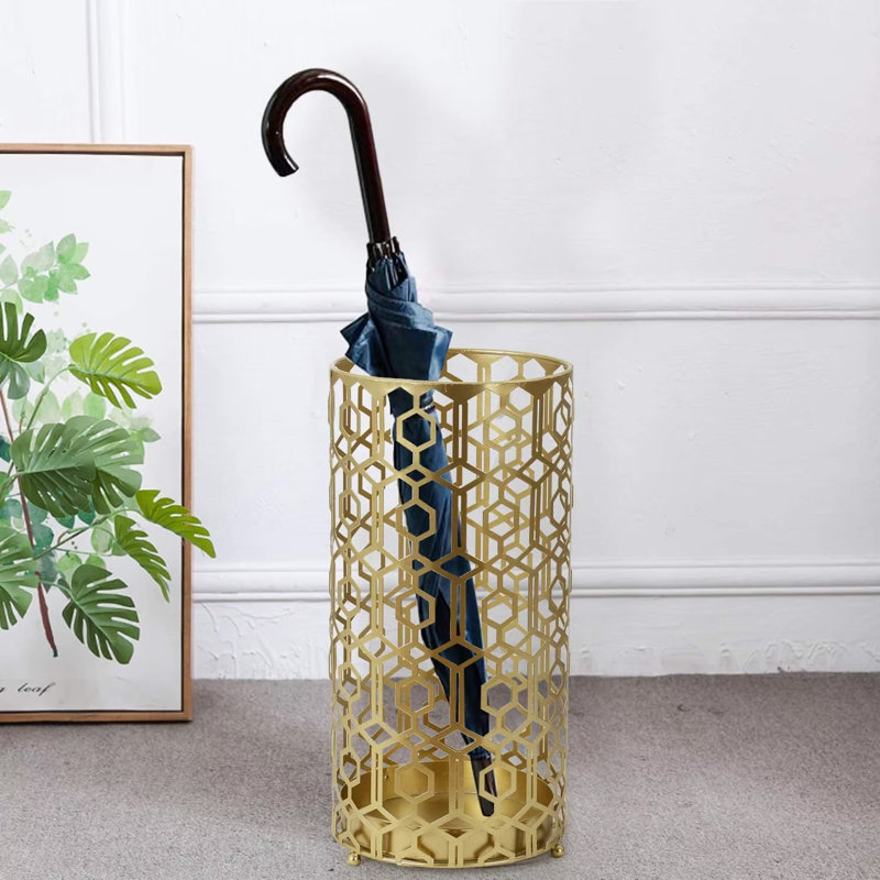 Metal Umbrella Stand With Drip Tray, Gold