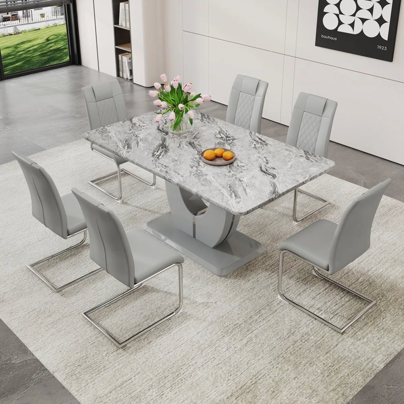 Ensemble repas 7 pièces Kimara, Gris clair, 7 pièces : table, 6 chaises