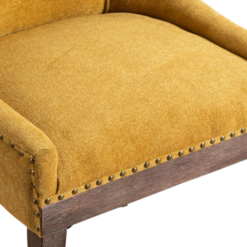 Thickened Fabric Upholstered Wooden Nailhead Dining Chair, Yellow, 2, Brown