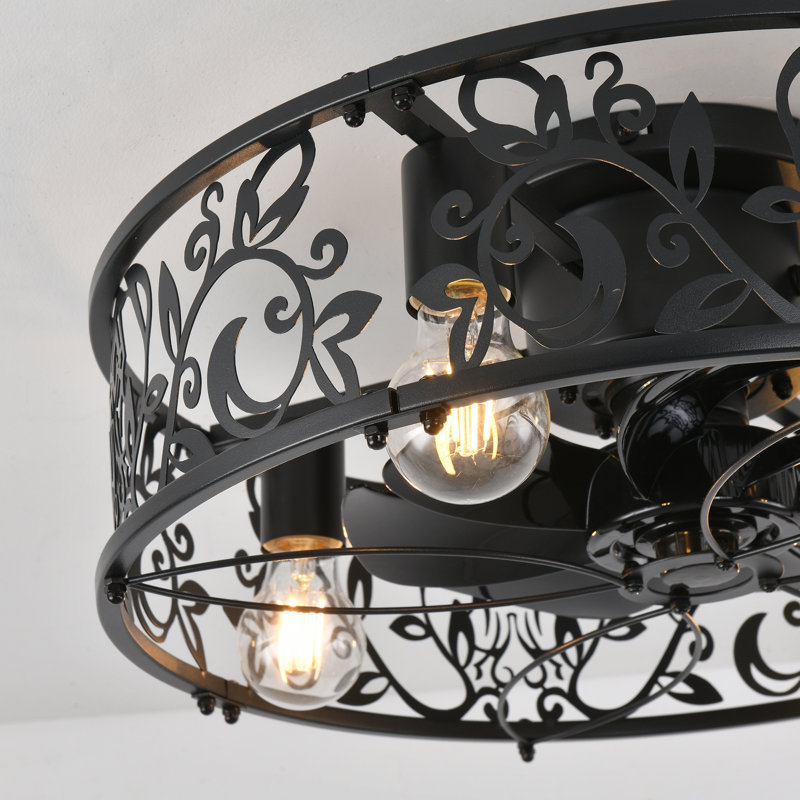Lopezville 20.1'' Farmhouse Reversible Caged Ceiling Fan with Light Kit And Remote, Black
