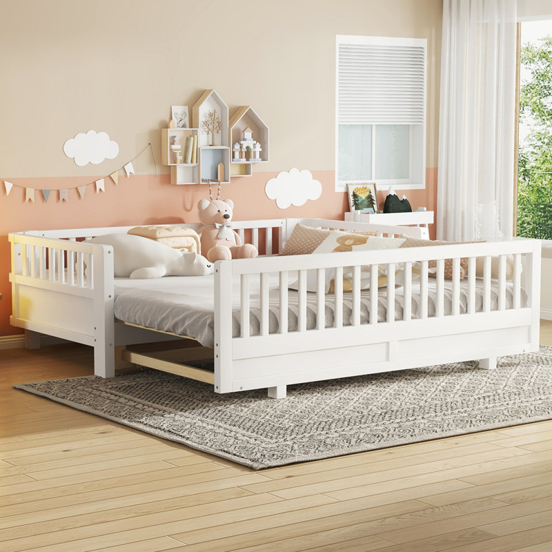 Lit plateforme simple avec garde-corps, structure de lit simple en bois massif, peut être converti en lit plateforme double