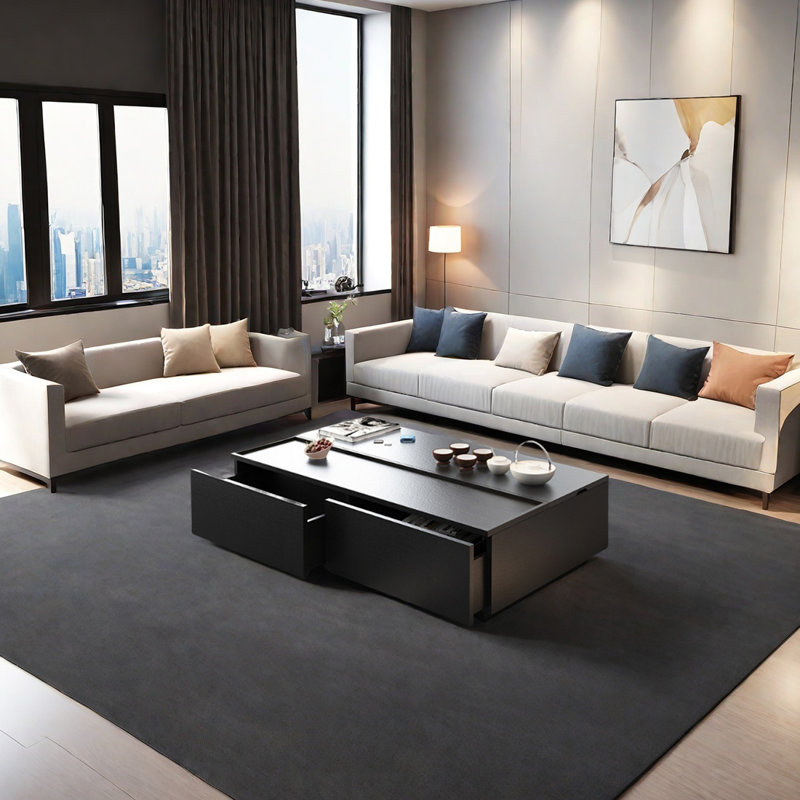 Table basse à plateau relevable avec tiroirs de rangement, H 14,17 po x L 51,18 po x l 29,52 po, Noir, Noir