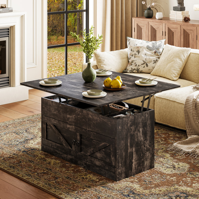 Lift Top Farmhourse Coffee Table With Storage, Dark Rustic Oak
