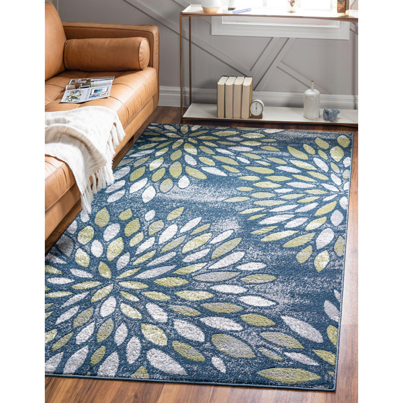 Tapis abstrait Aamia, Rectangle 4 pi 1 po x 6 pi 1 po, Bleu