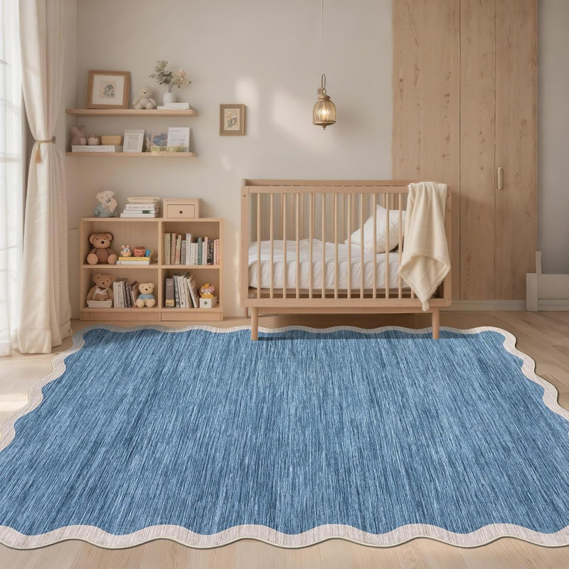 Scalloped Washable Rug – Soft, Non-Slip, Beige Boho Carpet for Living Room, Bedroom, Kitchen (Beige), Rectangle 9' x 12'