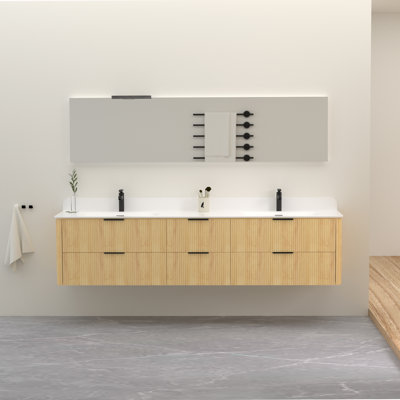 Meuble-lavabo mural 84 po en bois massif avec double vasque en acrylique et dosseret en acrylique