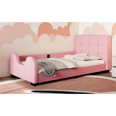 Lit plateforme tapissier simple confortable avec garde-corps en rose - tête de lit à lattes remplie de mousse 10 pièces, sommeil relaxant