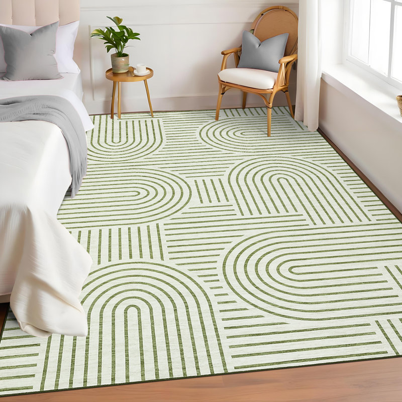 Living Room Rug 8x10 Modern Abstract Rug Non Slip Washable Foldable Geometric Stripe Carpet Non Shedding Floor Covering Mat for Office Green