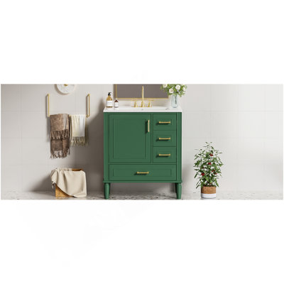 Ensemble de meuble-lavabo traditionnel vert de 30 po avec trois tiroirs, portes à fermeture douce et longues poignées en métal doré - parfait pour les petites salles de bain