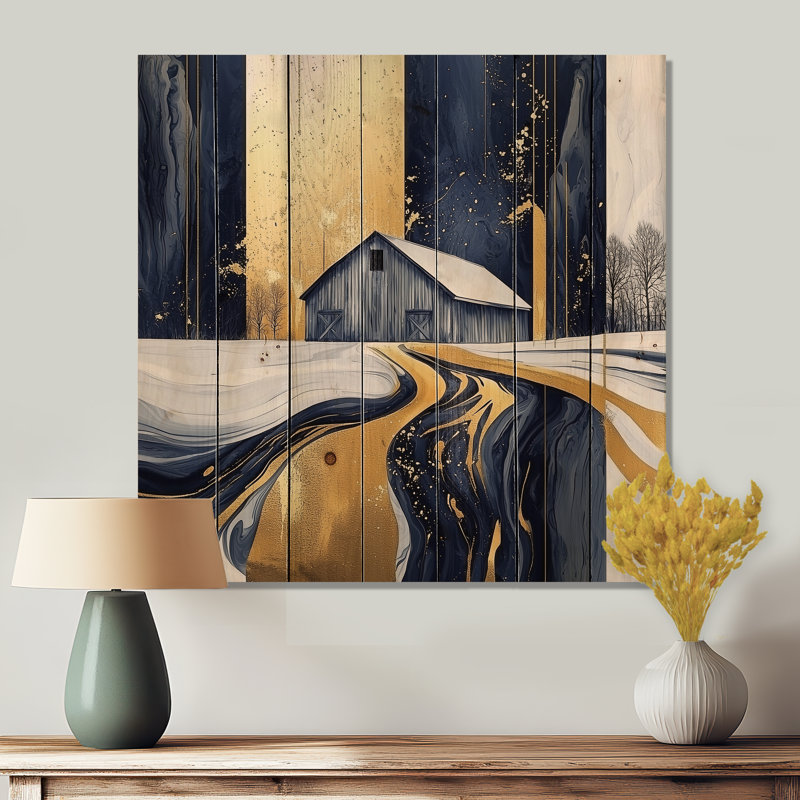 Abstrait bleu et or grange II - art mural traditionnel en bois sur bois de pin naturel, H 30 po x l 30 po