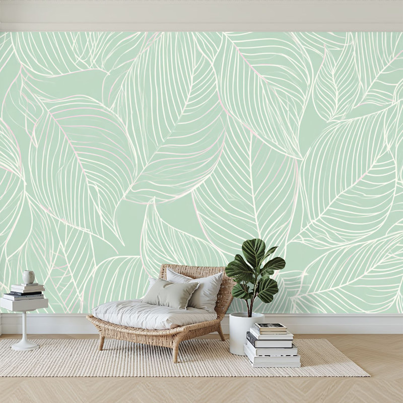 Peel and Stick Wallpaper 96" W x 69" H Modern Self Adhesive Wall Mural for Bedroom Natural Abstract Tropical Leaf Green painting