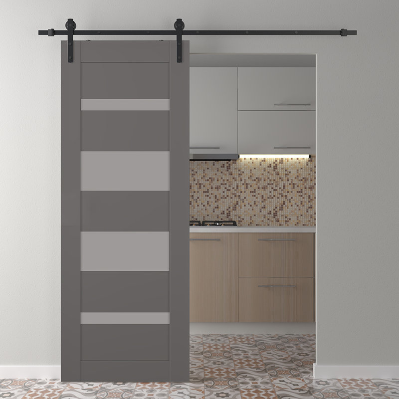 Panelled Glass Mirella Barn Door, Black, 31.75" x 95.24"
