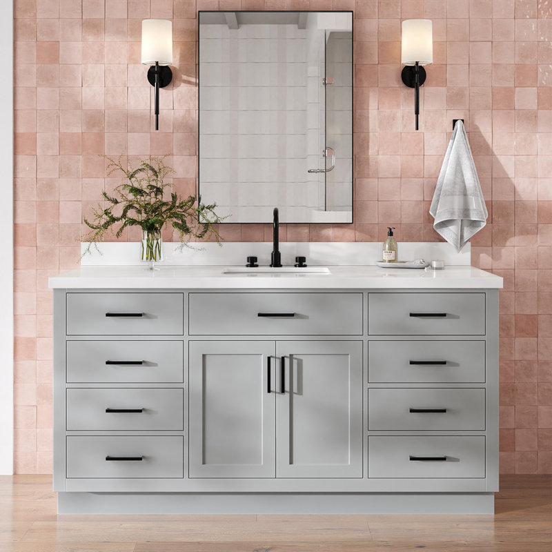 Meuble-lavabo simple en bois massif 66 po avec plateau en quartz blanc Thornaby, Forme rectangulaire, Gris