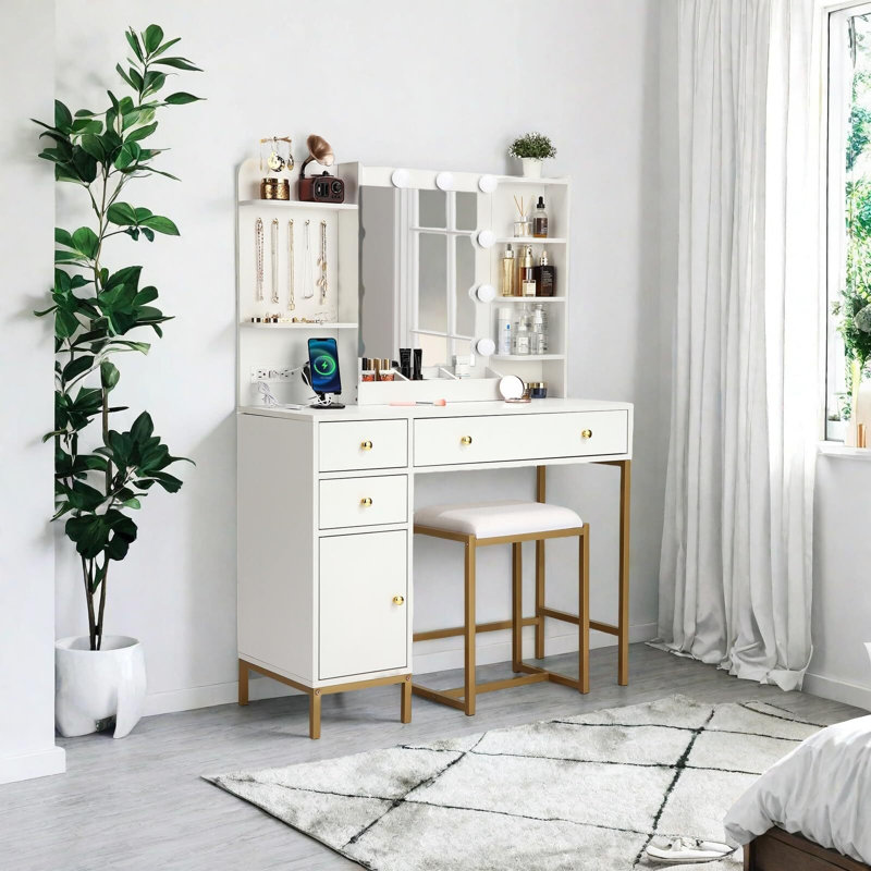 Vanity Desk With Power Outlet, Makeup Vanity With Chair