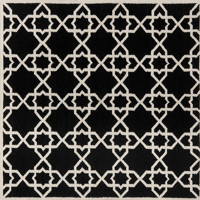 Rodgers Hand Woven Flat Weave Wool/Cotton Geometric Rug in Ivory/Black, Square 6'