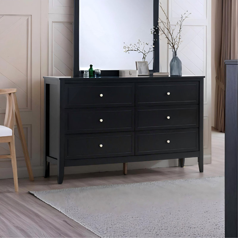 Commode 6 tiroirs avec boutons ronds minimalistes, Noir