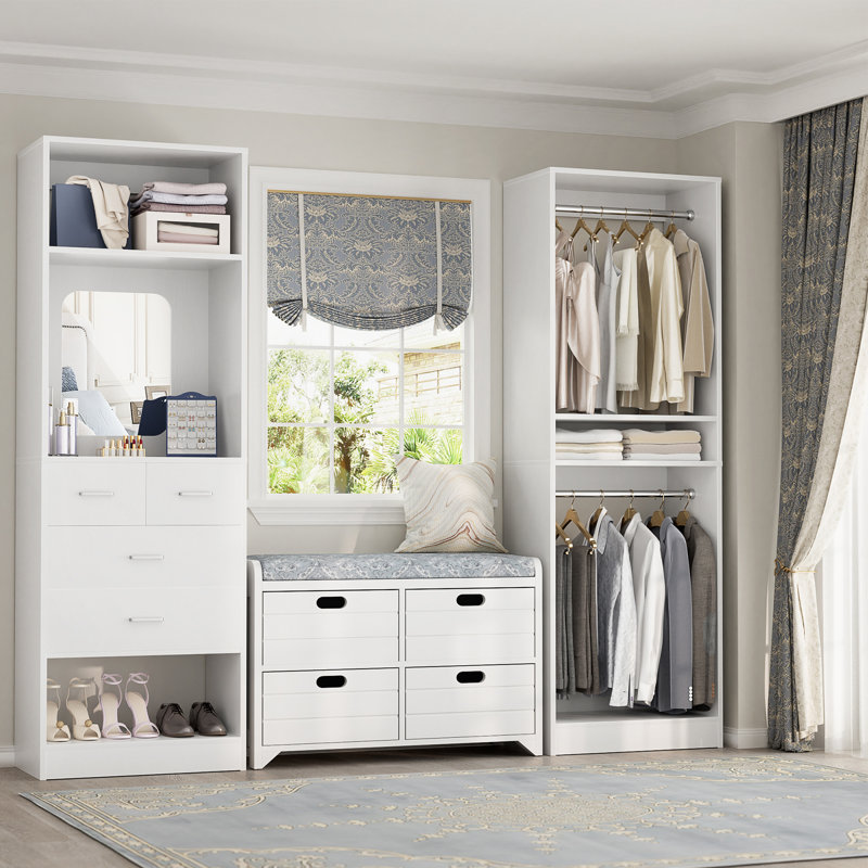 Freestanding Closet System with Drawers, Mirror and Hanging Rods, White