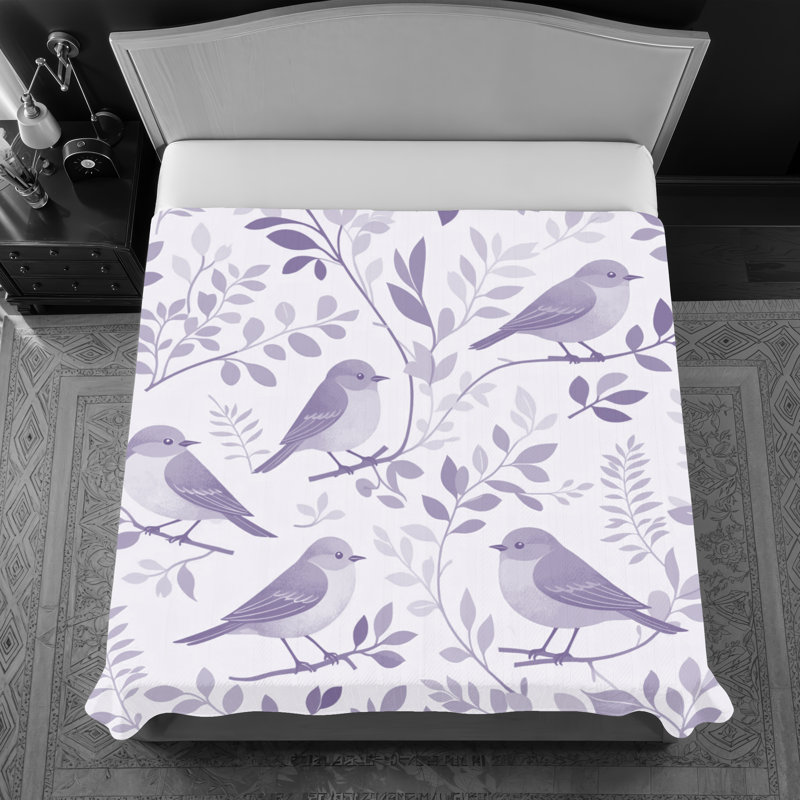 Couvre-lit matelassé Birds On Branches, Lit simple, Mauve clair / gris moyen