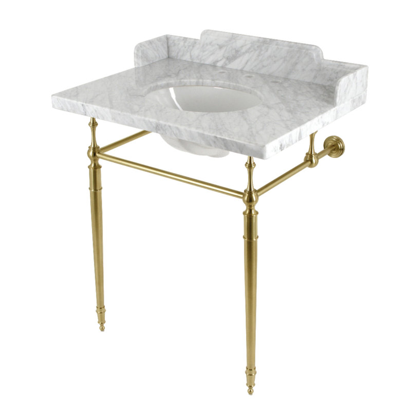 Évier console en laiton Carrara de 30 po avec pieds en laiton Kingston, LMS3022M8SQ6 Kingston, blanc marbre / nickel poli