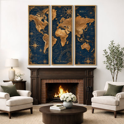 Modern Blue Gold World Map Compass Nautical Style Wall Decor Extra Large Pictures Framed Canvas Print 3 Pieces Wall Art