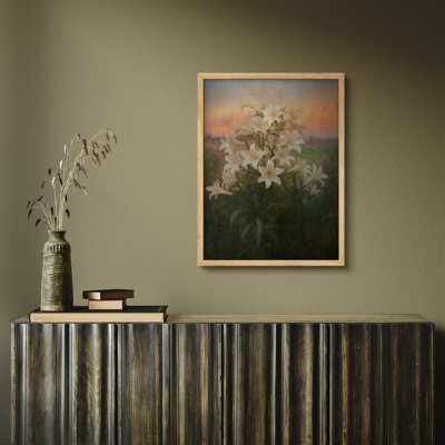 Lilies Garden Framed Wall Art, Soft Impressionist Flower Painting Print for Vintage Dining Room or Interior Decor