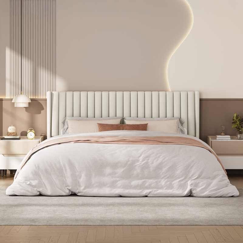 Upholstered Bed Frame with Wing Side, Ivory, King