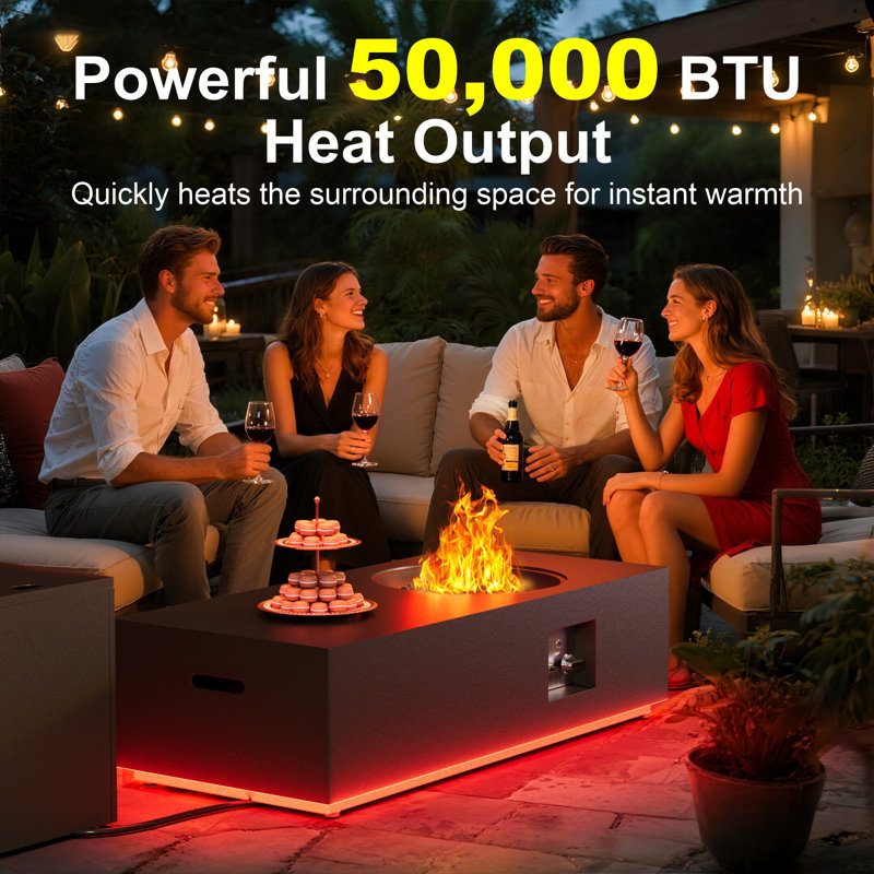 Foyer de table 48 po au gaz propane 50 000 BTU avec lumière RVB et table de rangement pour réservoir