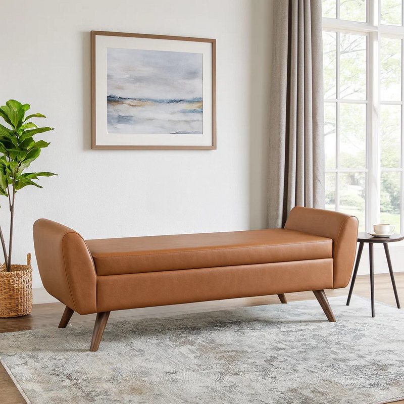 Rae Storage Bench Ottoman With Arms, Brown Faux Leather, Wood, 60 Inch