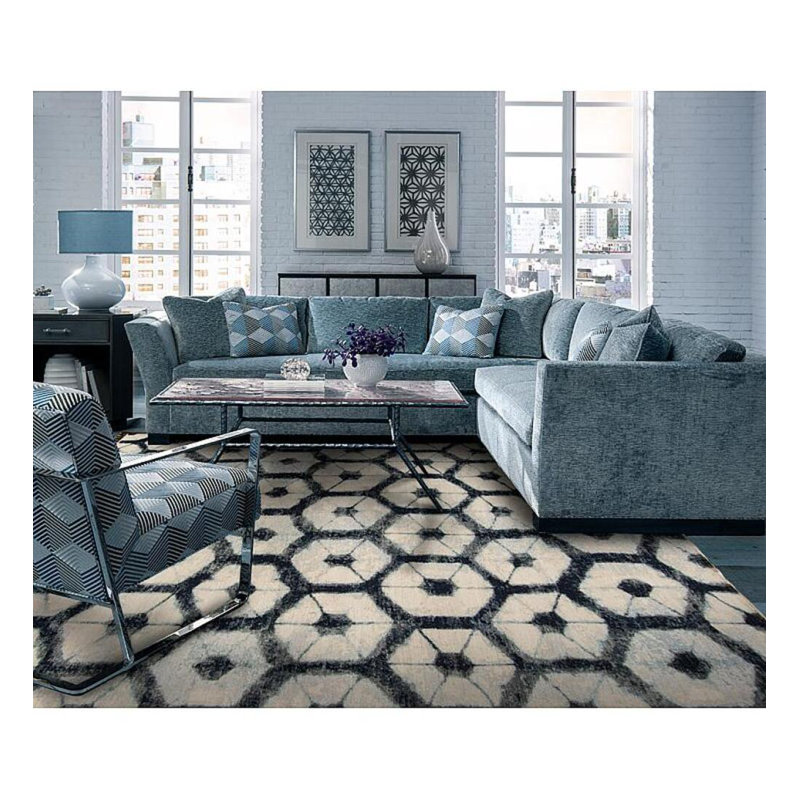 Shibori Hand Knotted Wool Area Rug in White/Blue/Black, Sample 2' x 3'